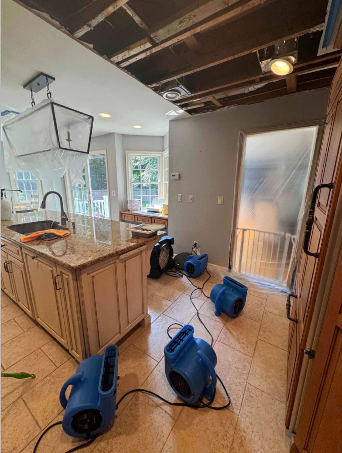 Residential water damage drying in kitchen